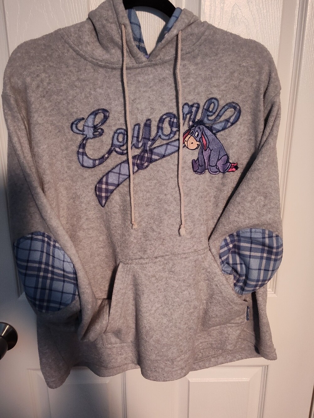 Disney Gray Hoodie with Eeyore Embroidery and Blue Plaid Accents